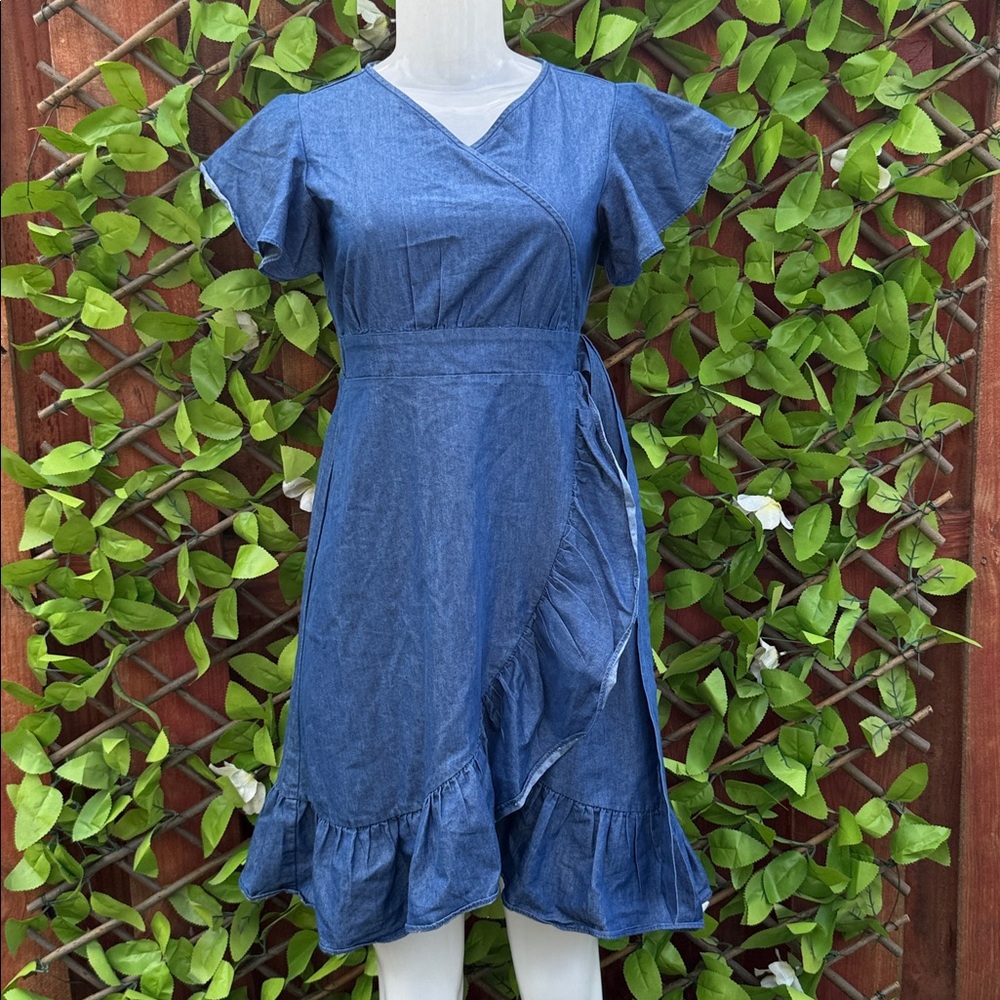 Chambray Faux Wrap Ruffle Midi Dress Flutter Sleeve Blue Size 14